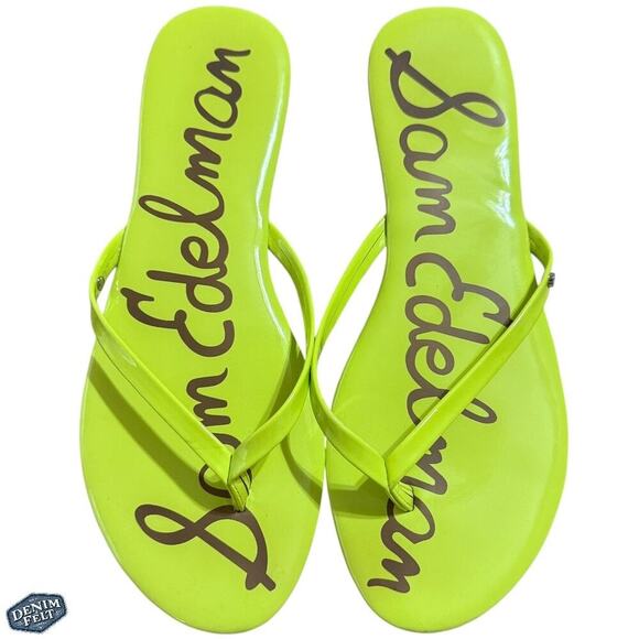 Sam Edelman Neon Yellow Flip Flop Sandals Thong Flat Slides Size 10 Bold Logo - Picture 5 of 11